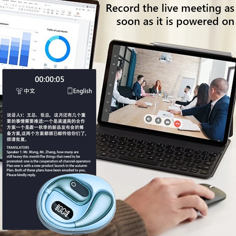 سماعات أذن للمترجم الذكي AI متوافقة مع البلوتوث 5.3 مترجم صوتي ذكي سماعات أذن مفتوحة للسفر والعمل الرياضي