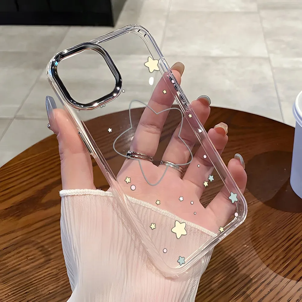 

Korean Cute Star Phone Case For iPhone 13 16 15 12 11 14 16E Pro XS MAX XR SE 2020 7 8 Plus Luxury Plating Clear Silicone Cover