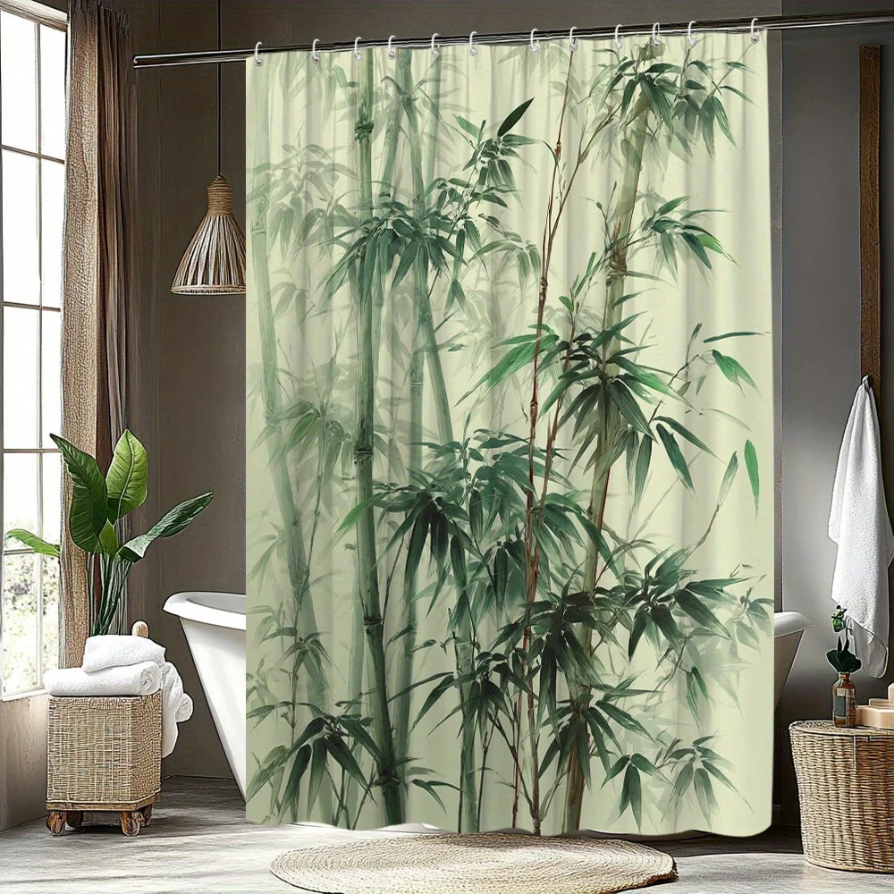 1pc Bamboo Shower Curtain, Fresh Natural Bamboo Forest Bathroom Decor, Polyester Fabric with 12 Hooks, 70. 8x70. 8 Inches