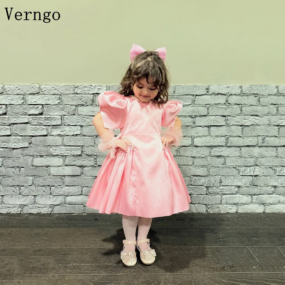 

Verngo Pink Pearls Girl Birthday Party Dress Short Sleeves A Line Princess Flowers Dresses Celebrity Kid Party Gown Customized