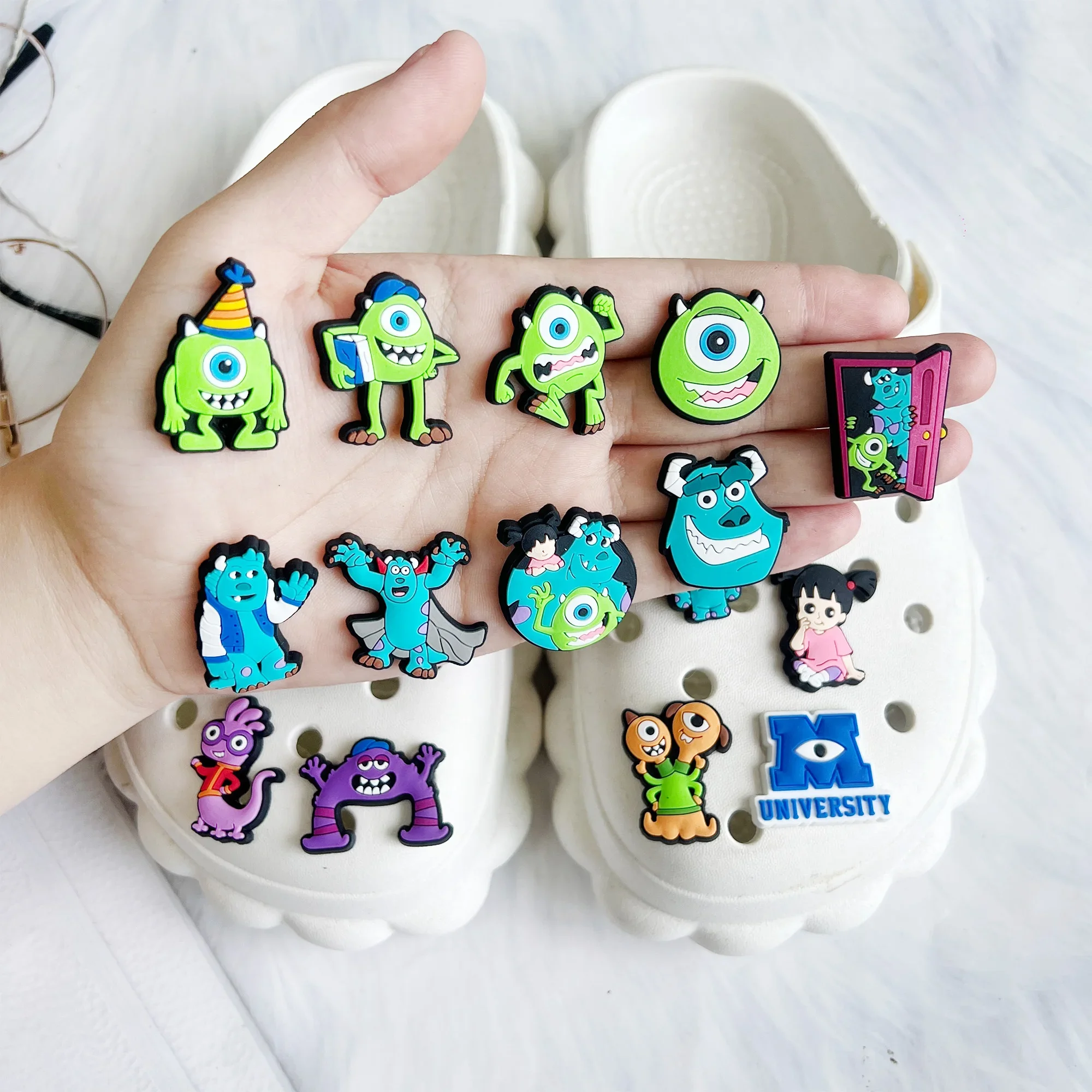 16pcs Disney Monsters University PVC Shoe Charms For Clogs Pins Hole Slipper Decoration Sandals Shoes Accessories