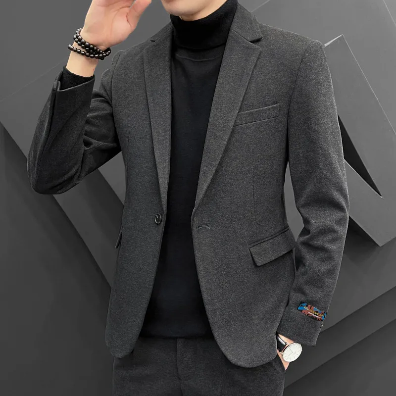 Men Autumn Winter Casual Suit Wool Blend Blazer Jacket Slim Fit Korean Style Fashion Two Piece Outfit