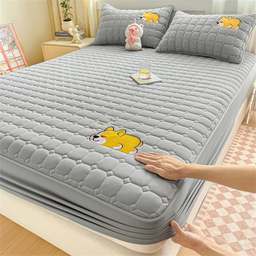 Waterproof Fitted Sheet With Elastic Bands Embroidery Bedsheet Quilted Mattress Protective Cover Double Dustproof Bedspread King