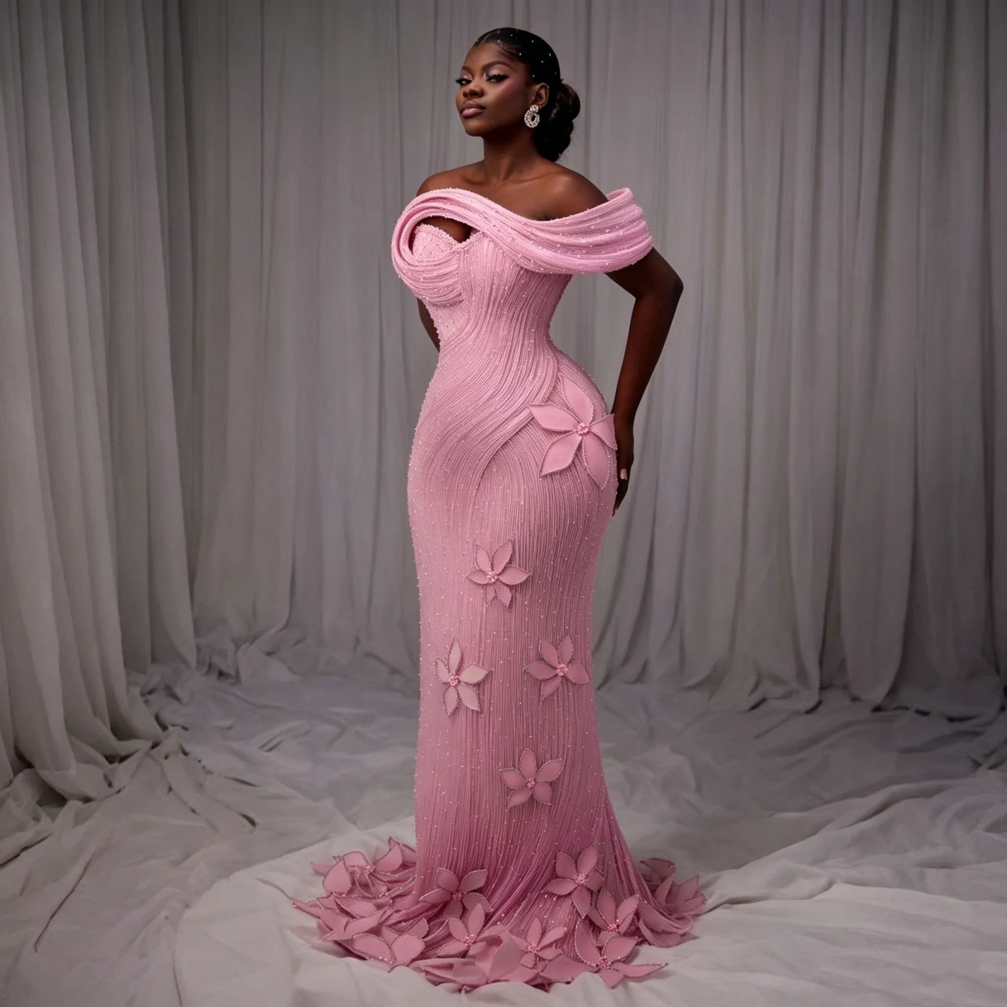 Luxury Off The Shoulder Mermaid Prom Dress Draped Pleated 3D Floral Appliques Long Evening Gown Formal Party Dress Customized