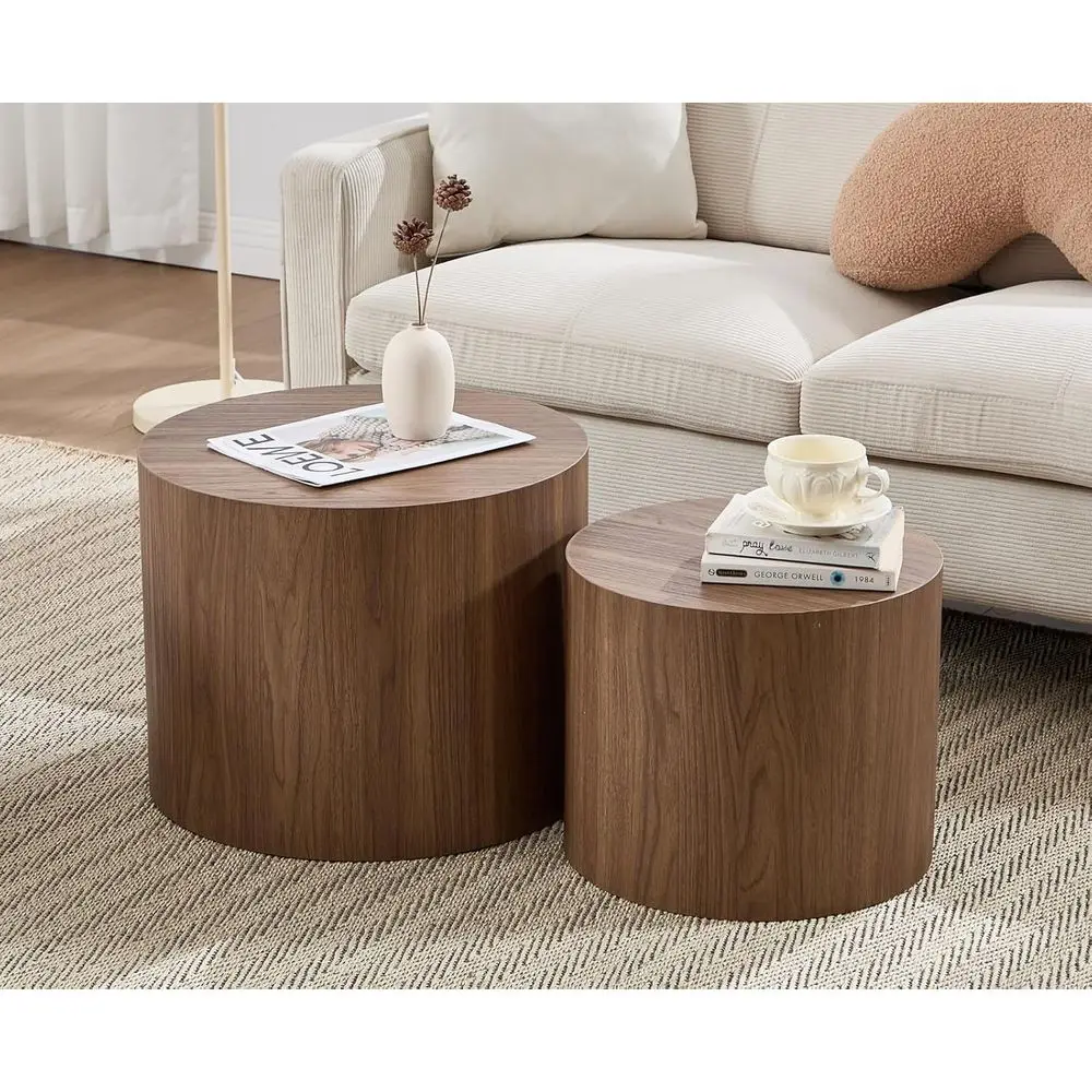 

2-Piece Wooden Round End Tables Set for Small Spaces, Ideal for Living Room, Bedroom, or Balcony, Walnut Finish, Ready to Use