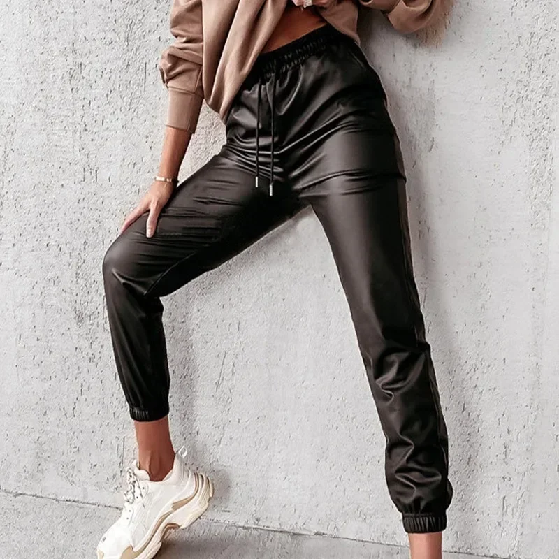 Trousers Women Autumn and Winter New Minimalist Temperament Tie Cord Solid Color Casual Leather Pants for Women