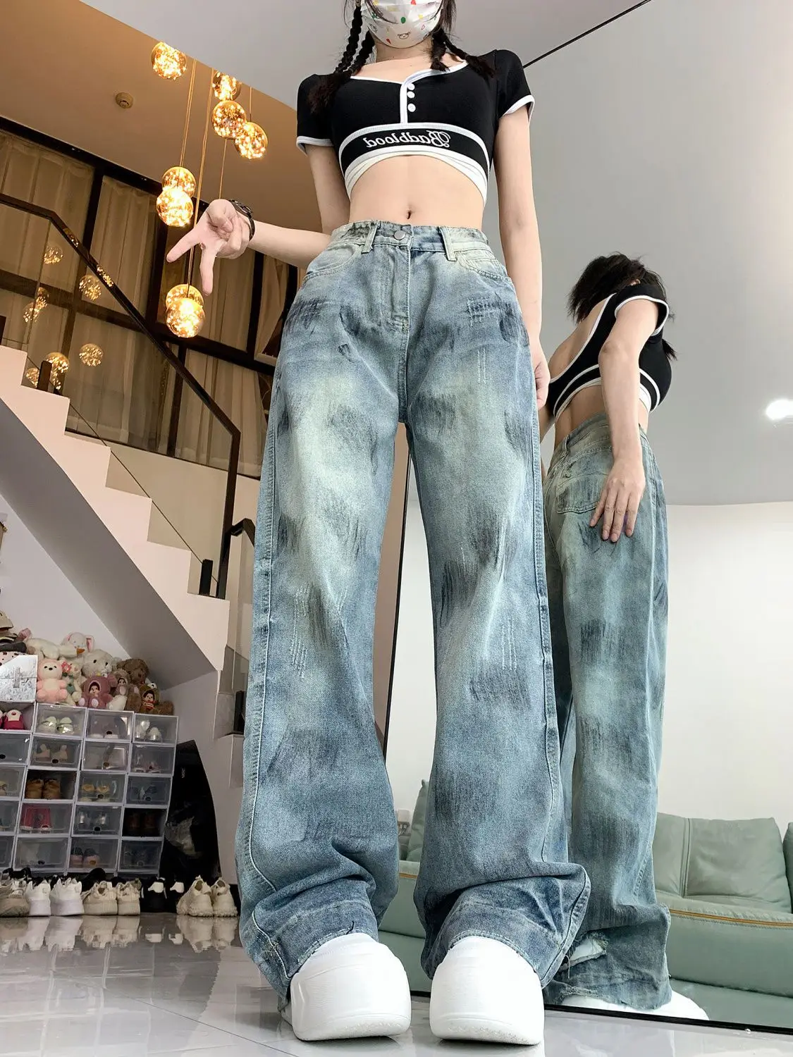 

Jeans High Waist American High Street Women'S 2024 New Style Cover Flesh And Dirty Design Niche Straight Loose Wide Leg Pants