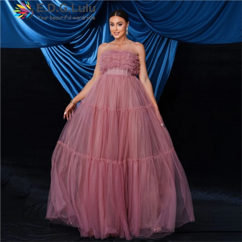 EDGLuLu Strapless Mesh Gauze Pink Birthday Dress Women 2024 Sleeveless Backless Party Long Evening Gown 1130