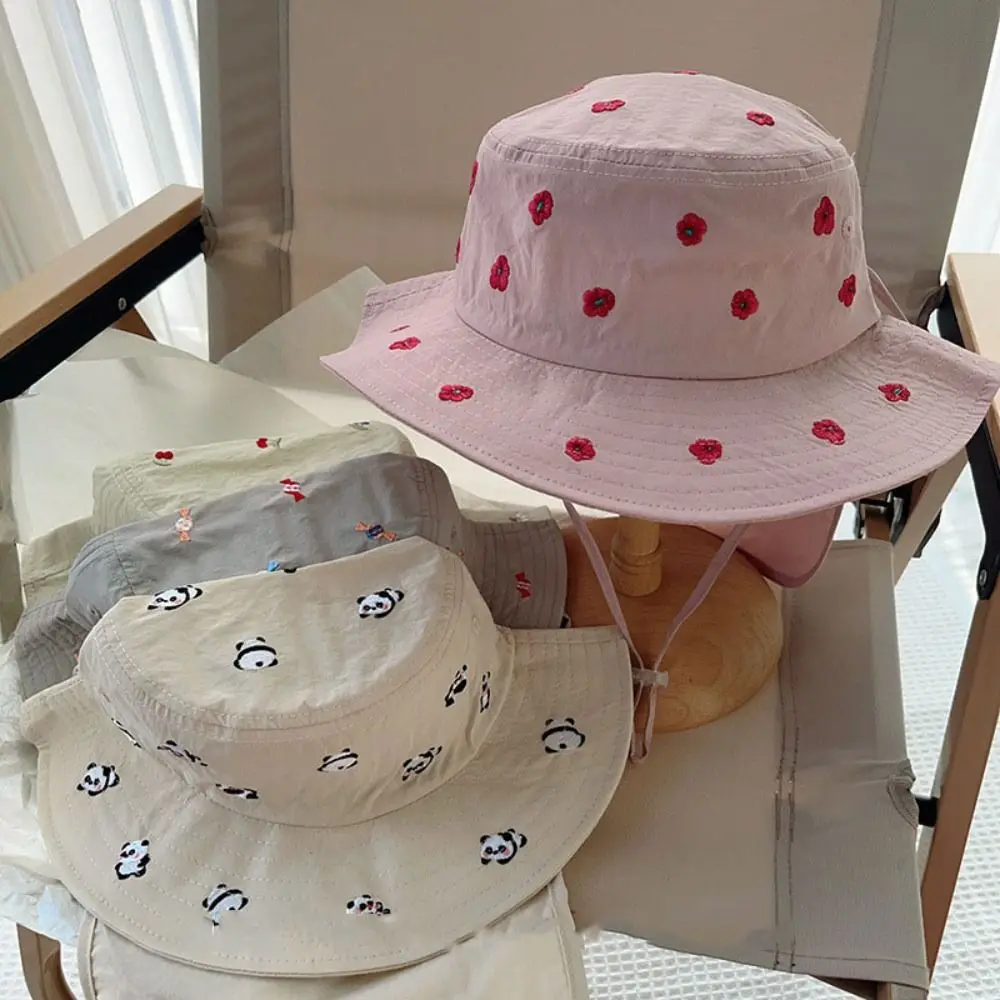 

Soft Cartoon Embroidery Children Panama Cap Quick-dry Sunscreen Baby Sun Hat Neck Protection Wide Brim Kids Bucket Hat Boys