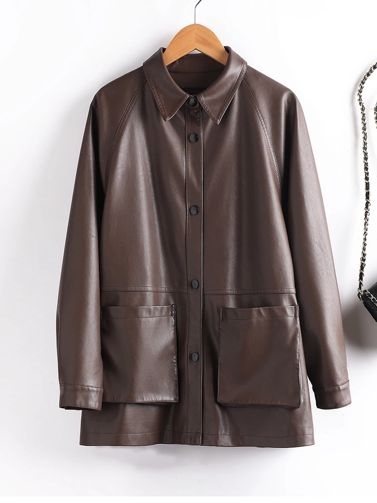 

Casual Sle Women's Long eepskin Leather Jaet Spring Autumn New Arrival Haining Genuine Leather Coat Loose Fit Outerwear