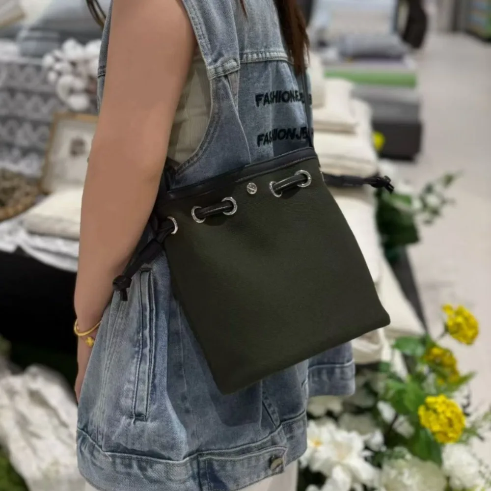 Drawstring Canvas Spell Leather Bucket Niche Contrasting Color Splicing Color Mobile Phone Fashionable Shoulder Messenger Bag