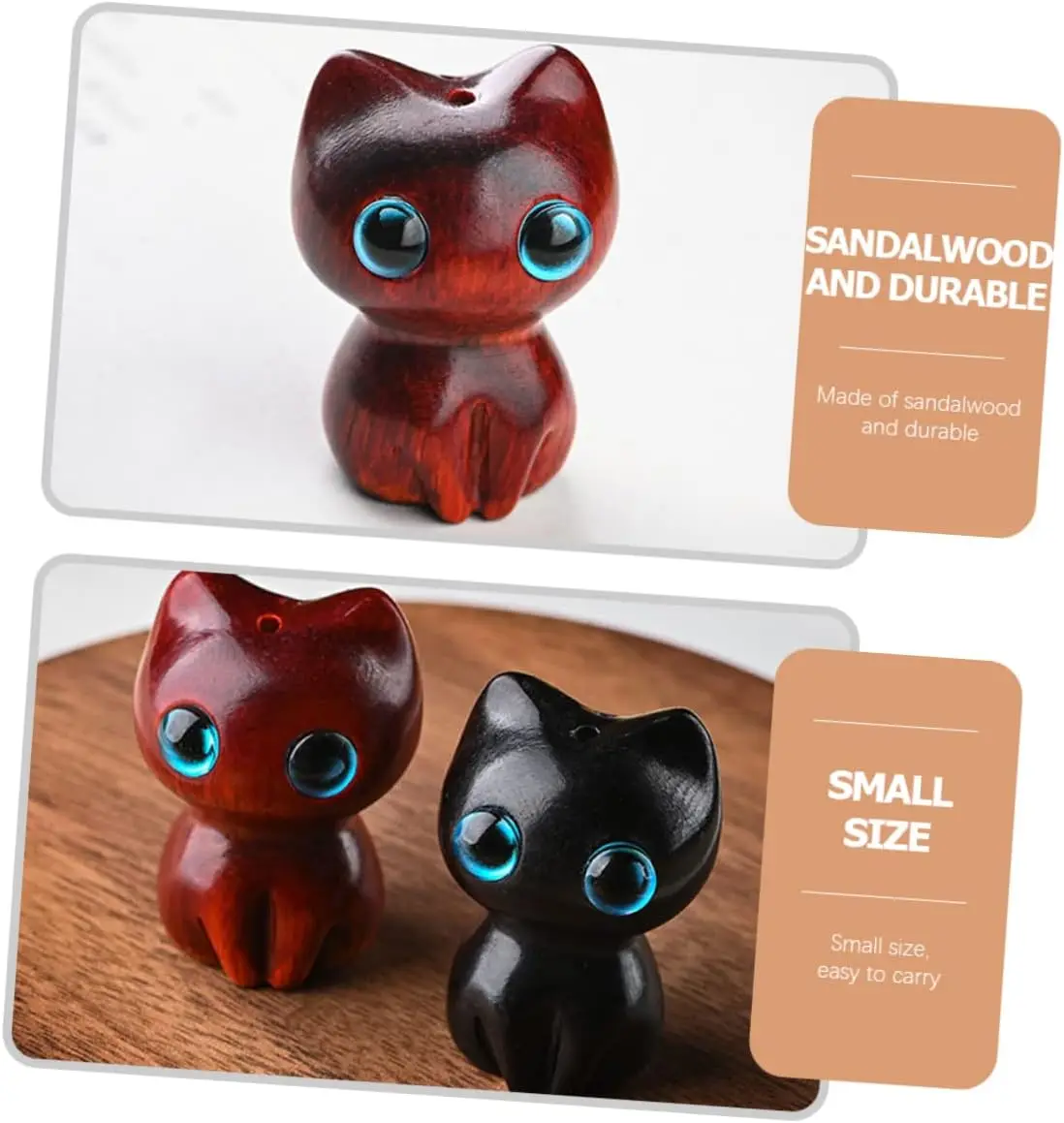 Miniature Cute Sandalwood Wood Carved Cat Desktop Decoration, Small Crafts Cat Sculptures DIY Keychain Necklace Ornament Pendant