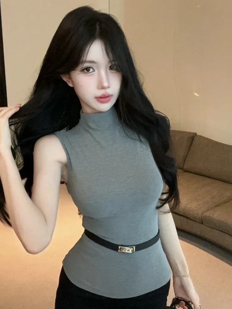 

Elegant Slim Fit Vest Top High Waist Short Skirt Two Piece Set for Women Summer Fashion Casual Style Half High Collar