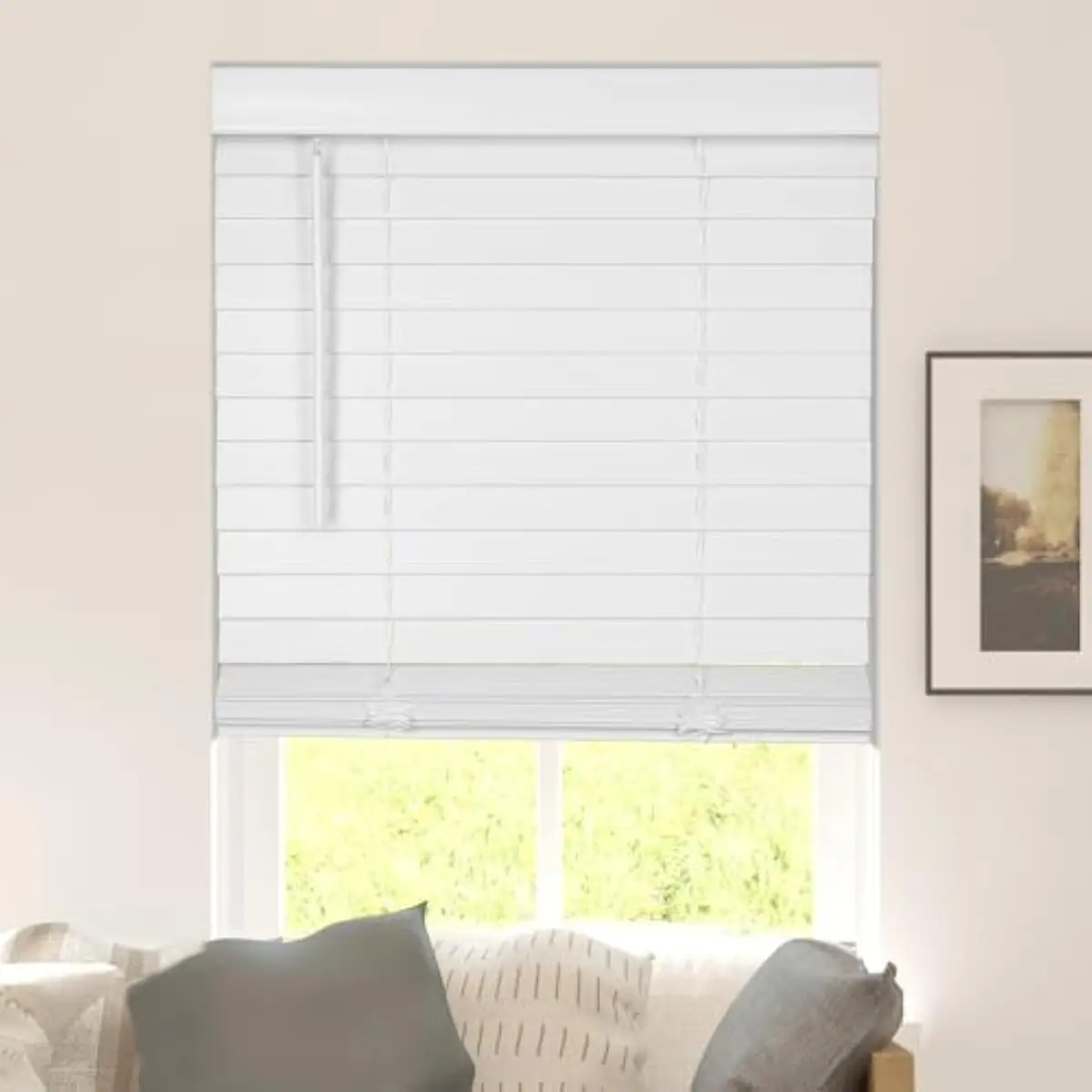 2 inch Faux Wood Venetian Blind with Classic Valance 68.5 Inches Wide by 60 Inches Tall Room Darkening PVC Construction Cordless