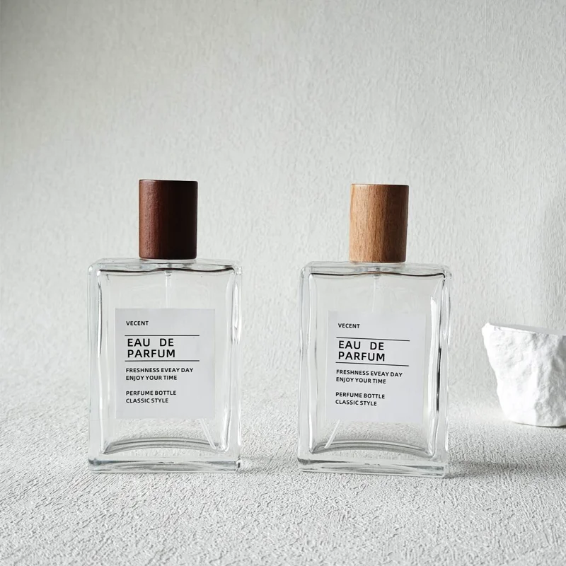 50/100 مللي زجاجات عطر زجاجية سميكة قابلة لإعادة الملء زجاجة رذاذ غطاء خشبي فارغة رذاذ خفيف زجاجات عطر محمولة للسفر