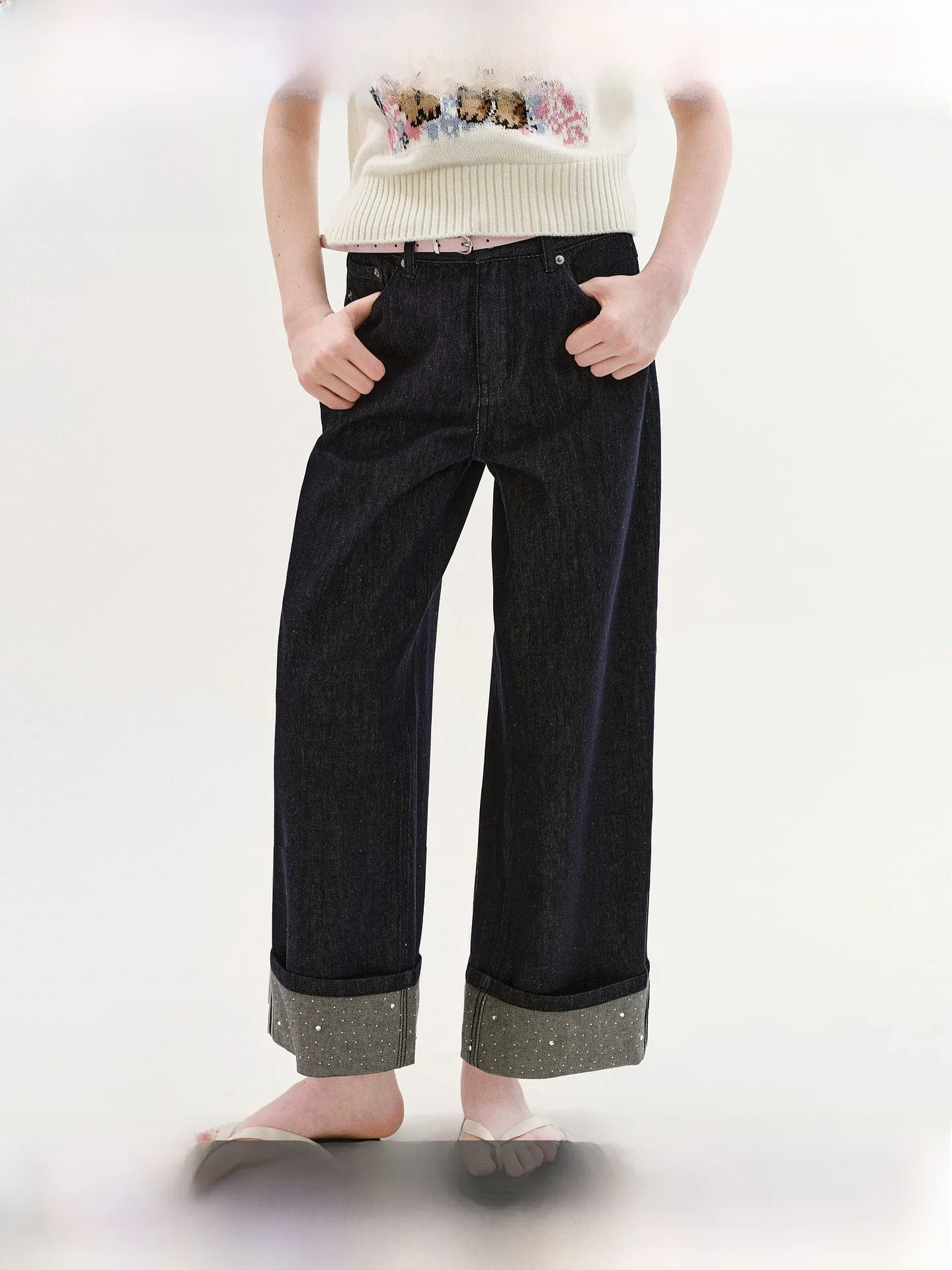 

Fano Retro Classic Wide Leg Nine-Piece Women's Jeans Summer New Mid-Waist Cuffed Rhinestone Denim Pants Commute Style Cotton