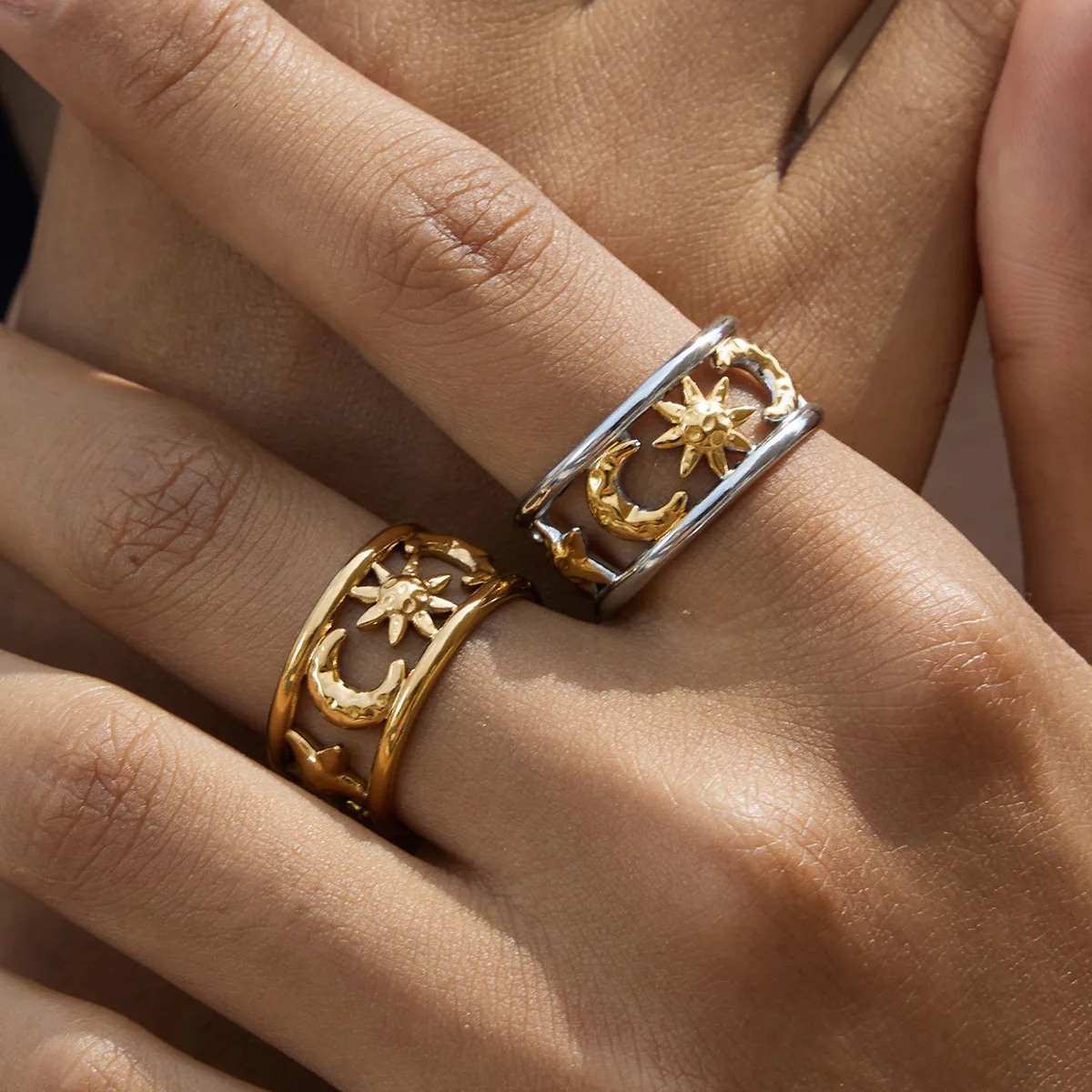 YHTOT Fashion Trend Moon Star Ring 18k Gold Color Plated Stainless Steel Hollow Stackable Ring кольцо женское