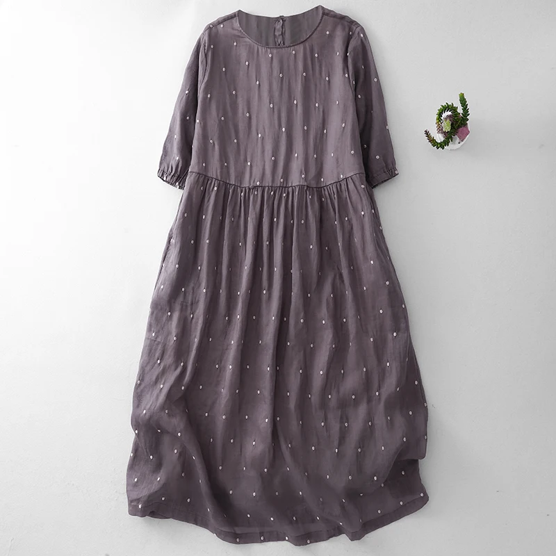 우아한 2025 프리미엄 라미 프린트 드레스 가벼운 보헤미안 시크 라운드넥 맥시 드레스 루즈핏 여름 롱 드레스 N767