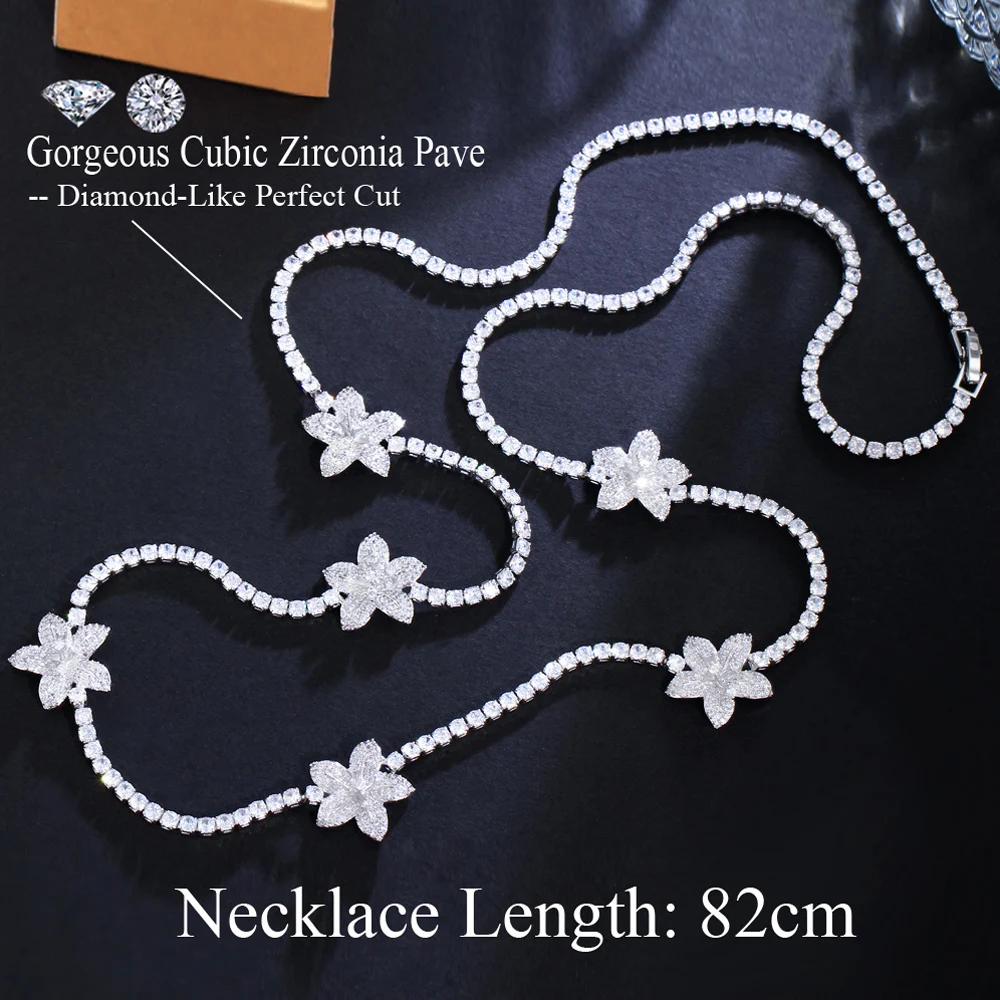 ThreeGraces New Trendy Cubic Zirconia Silver Color Flower Shape 82cm Long Sweater Necklace for Women Bridal Party Jewelry PN157