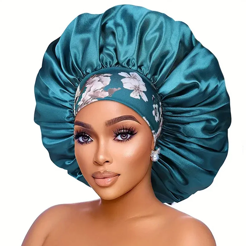 女性用特大シルクサテンヘアボンネット、太い髪用スリープキャップ、伸縮性バンド付きビーニー、アフリカ風ヘッドラップ、フラワーターバン、ケモキャップ