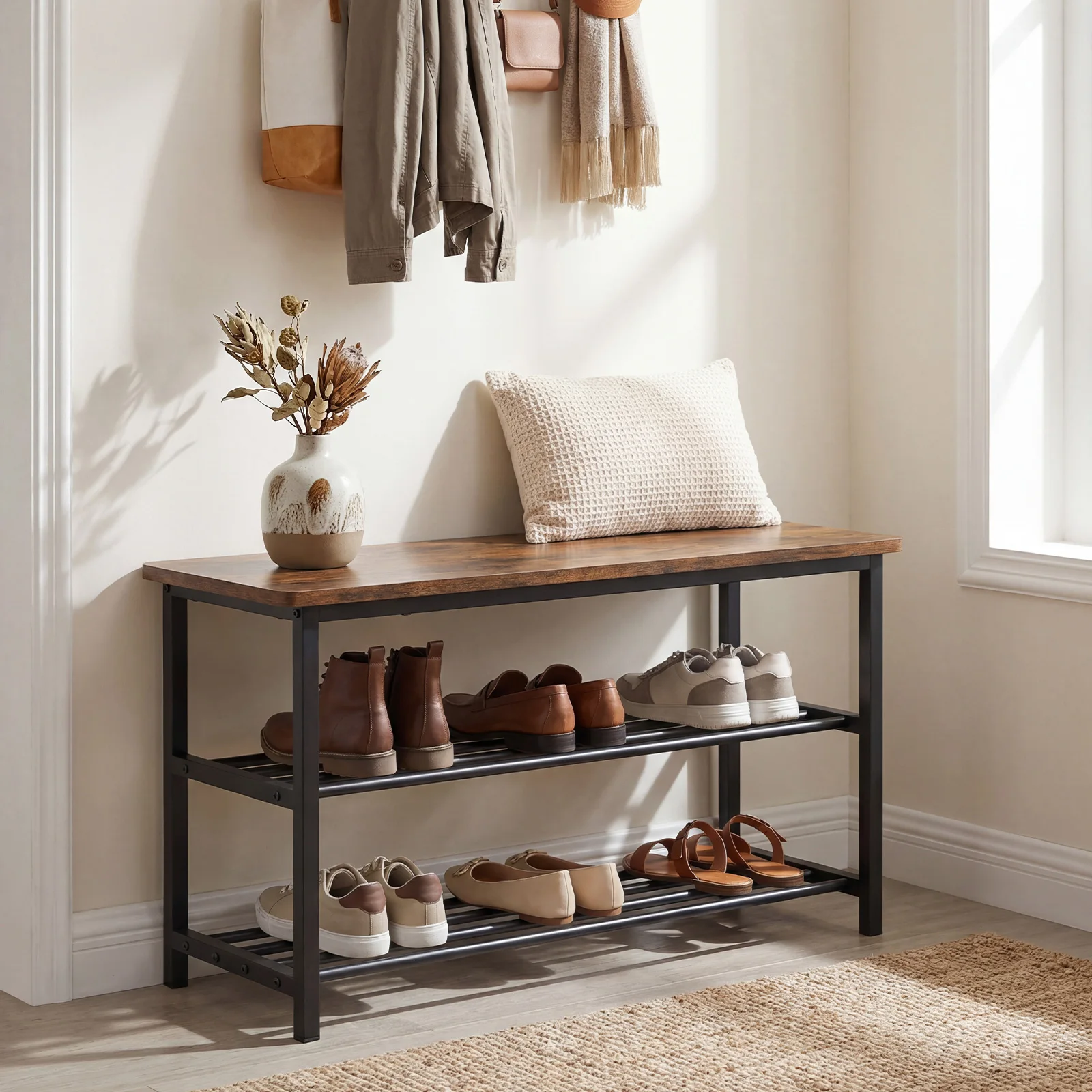 3-Tier Shoe Rack Bench with Heavy Duty Metal Frame & 300 lbs Seat for Hallway