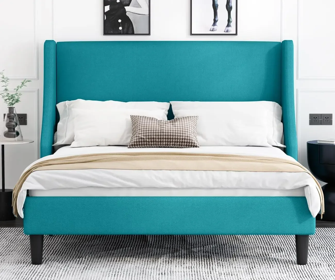 Queen Bed Frame, Platform Bed Frame Queen Size with Upholstered Headboard, Modern Deluxe Wingback