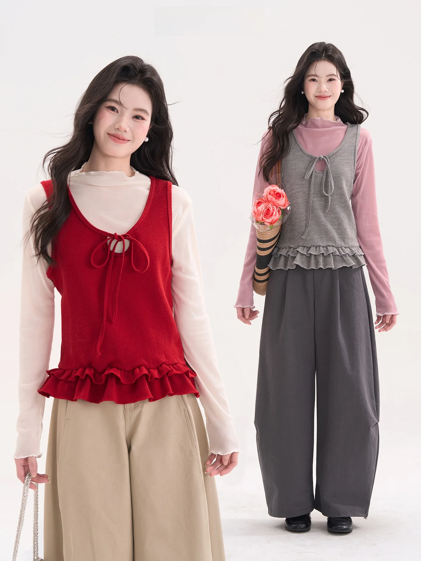 

Женский комплект из двух предметов: топ-жилет и футболка с длинным рукавом, с цветочным принтом, из дышащей ткани, с круглым вырезом