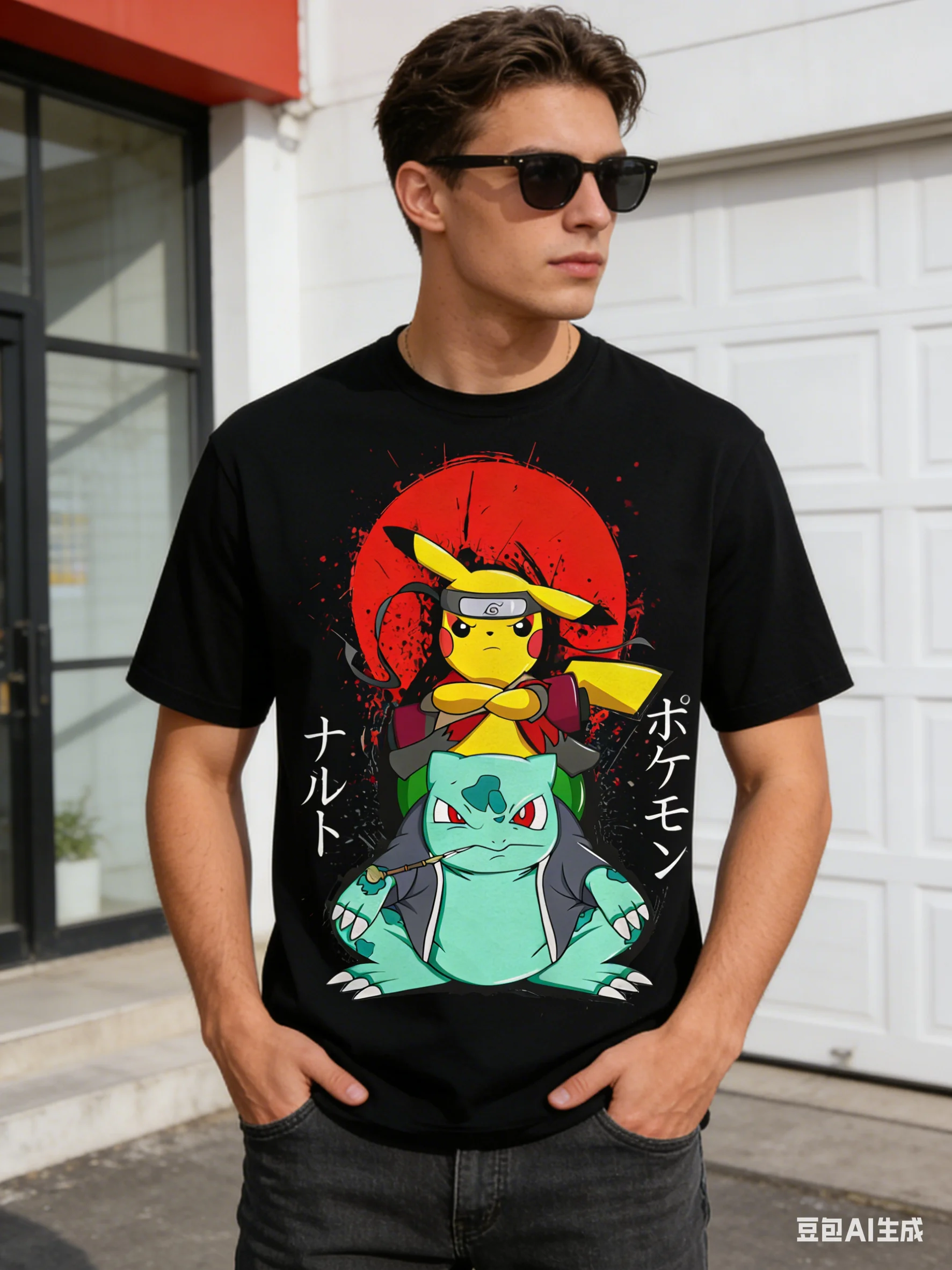 Camiseta holgada de algodón de alta calidad de Pokemon, Pikachu con diadema gris, brazos cruzados, Bulbasaur, salpicaduras circulares rojas sentadas