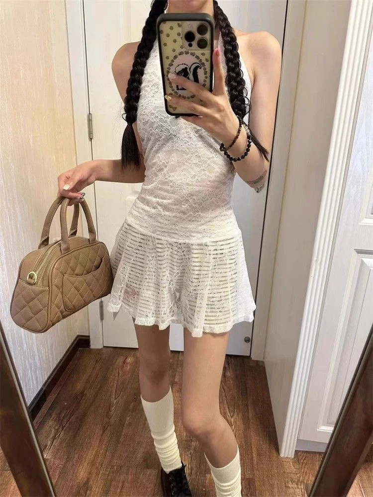 Summer Halter Lace Jacquard Y2k Aesthetic Dresses Streetwear Women Backless Grunge Dress 2024 Harajuku Sweet Vestido De Mujer