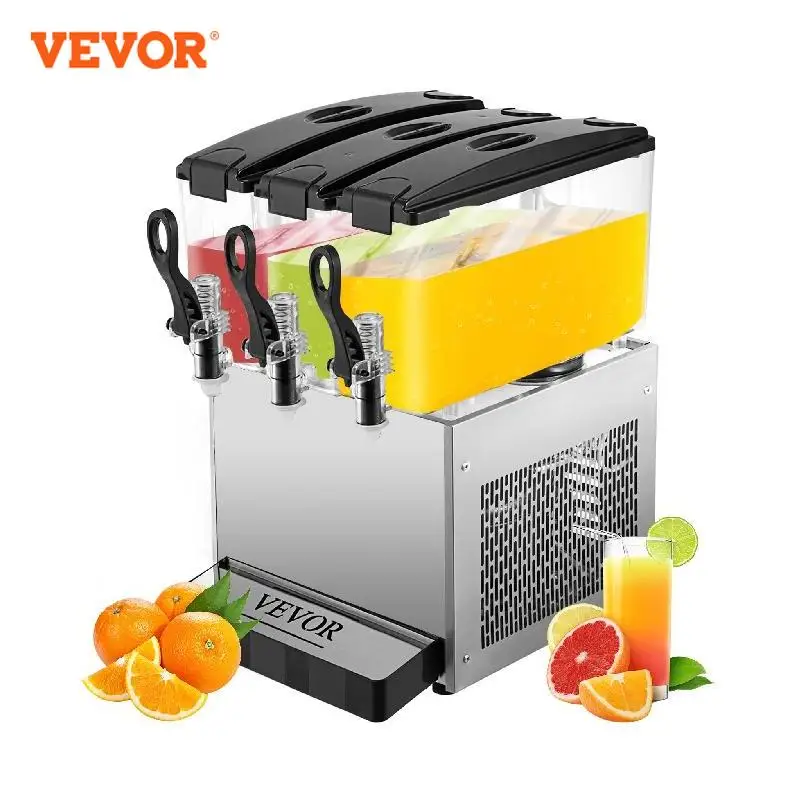 VEVOR Commercial Cold Beverage Dispenser 3 Tanks 9.5 Gallon Thermostat Controller Fruit Juice Machine 270W Ice Tea Drink Drink