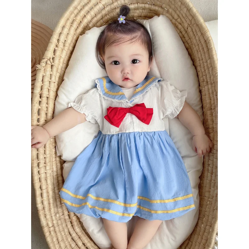 

2025Little Girl Summer Outfit College Style Baby Girl Dress Pure Cotton Princess Dress Stylish Navy Collar Dress2766