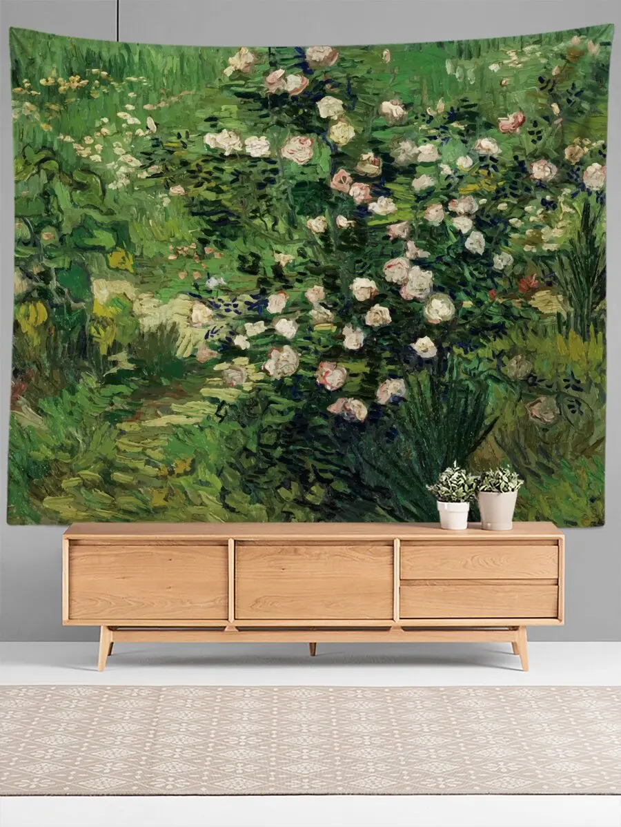 Van Gogh Style Green Garden Tapestry, Floral Impressionist Wall Hanging, Polyester Fabric Art for Bedroom Living Room Decor