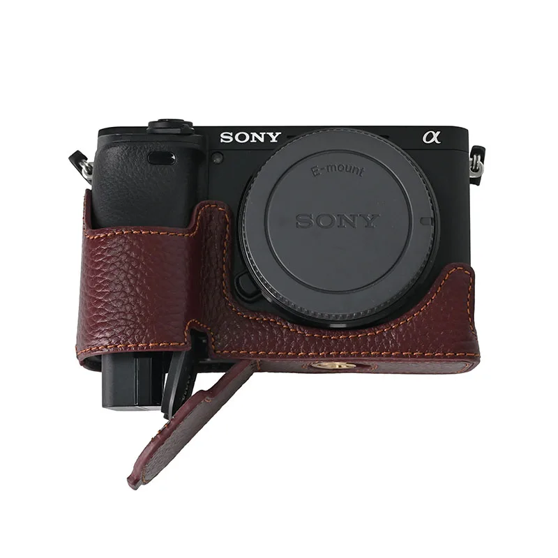 Handmade Genuine Real Leather Half Camera Case Bag Cover for Sony Alpha A6400 Bottom Opening Version with Hand Shoulder Strap