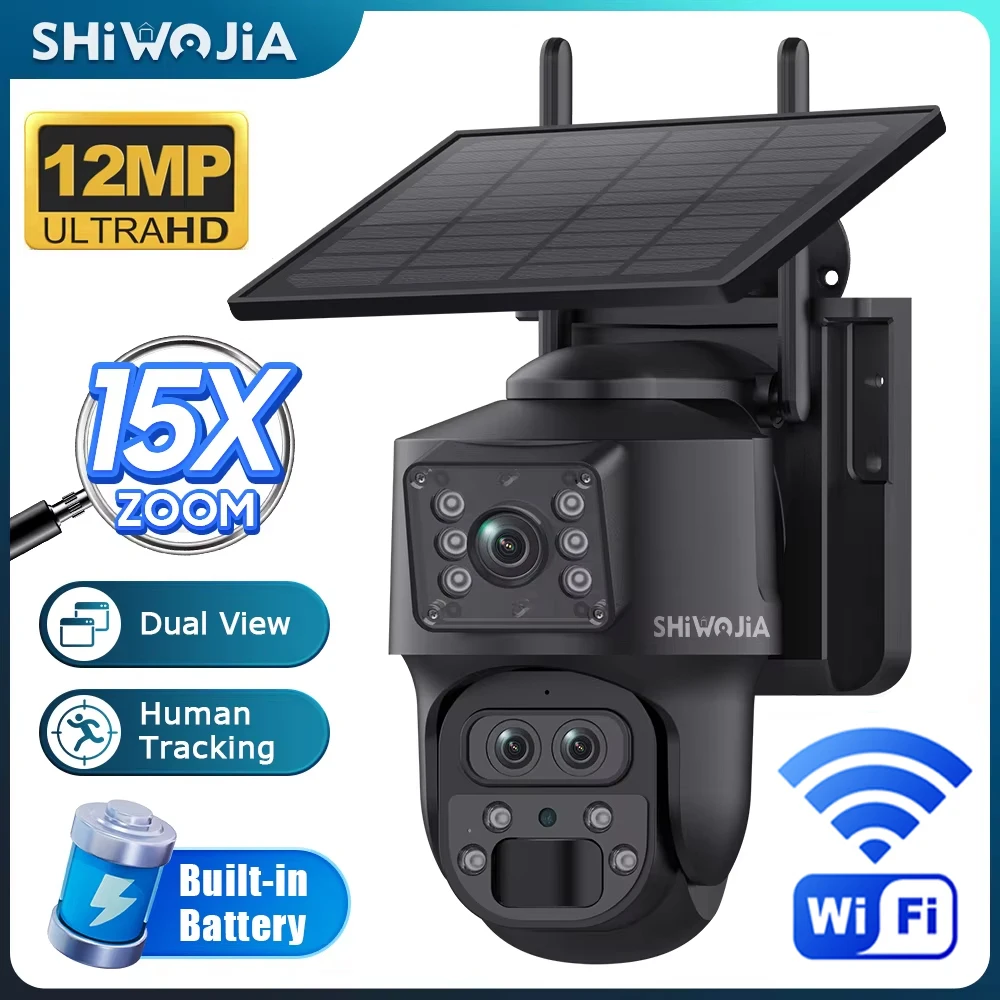 

SHIWOJIA 6K 12MP Solar Camera 4G SIM Three Lens WIFI Solar Battery Security Camera Recording Humanoid Tracking Night Vision CCTV