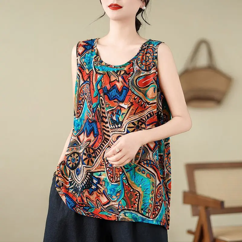 2024 Summer Women Vintage Fashion Floral Print Ethnic Style Sleeveless Vest Casual O Neck Oversized Cotton Linen Tunic Tank Tops