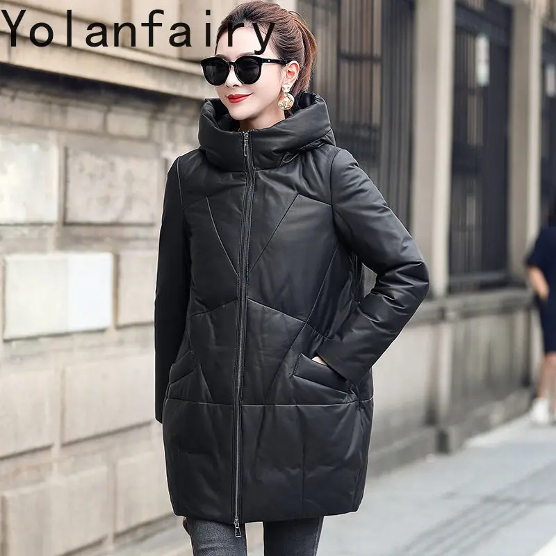 Yolanfairy jaquetas de couro feminino genuíno pele carneiro longo para baixo jaqueta casual inverno com capuz casacos pequenos nova jaqueta feminina