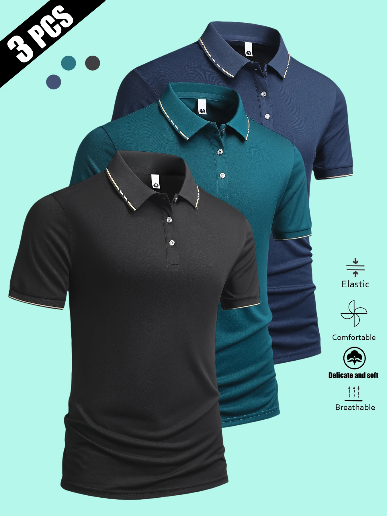 

3-Pack Men's Summer Striped Collar Short Sleeve Shirts Solid Color Casual Sportswear Top Multi-Color Essential for Business