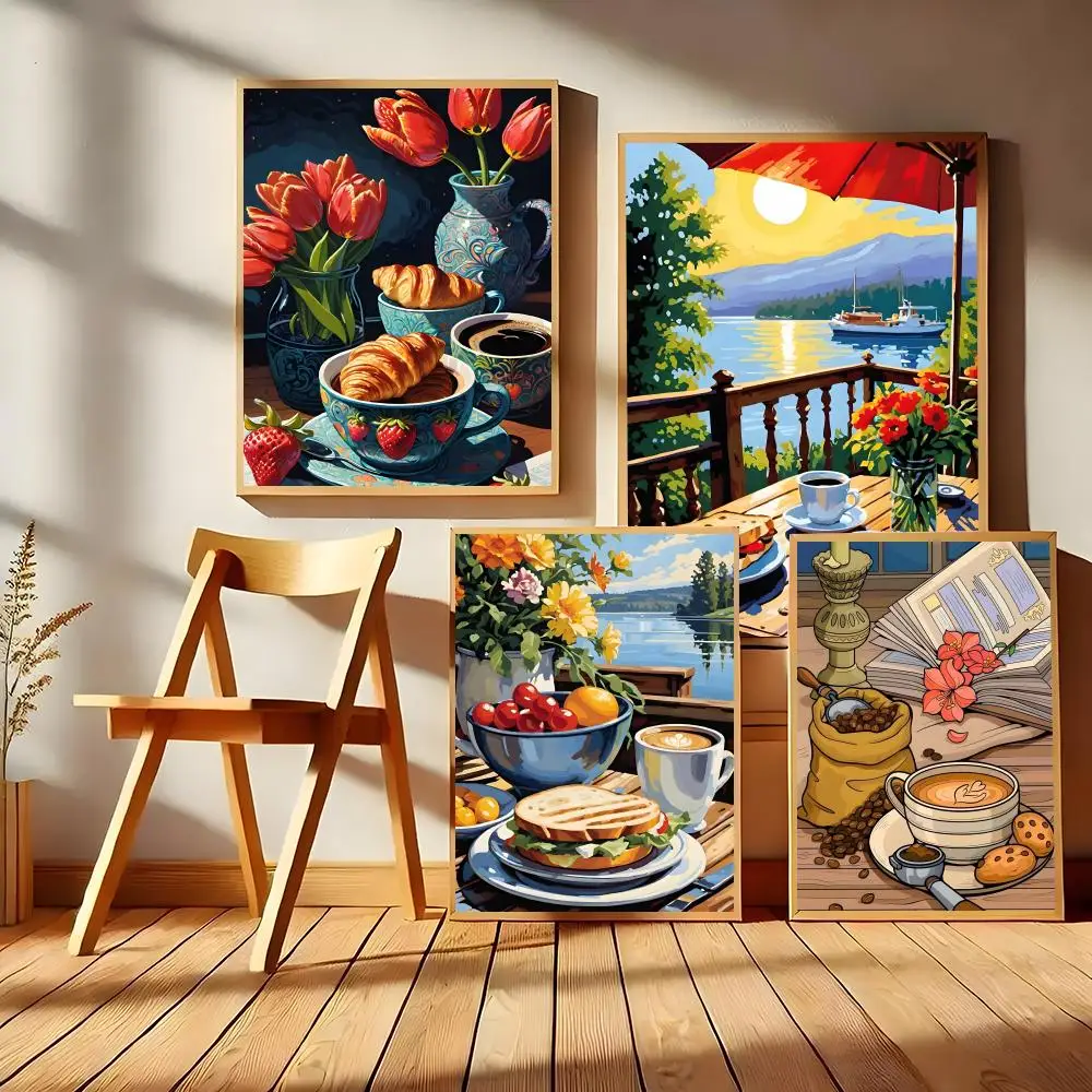 Afternoon Tea Coffee Cup Design Smooth Surface Cozy Classroom Poster Clear Printing Removable Sharp Image for Office Decor
