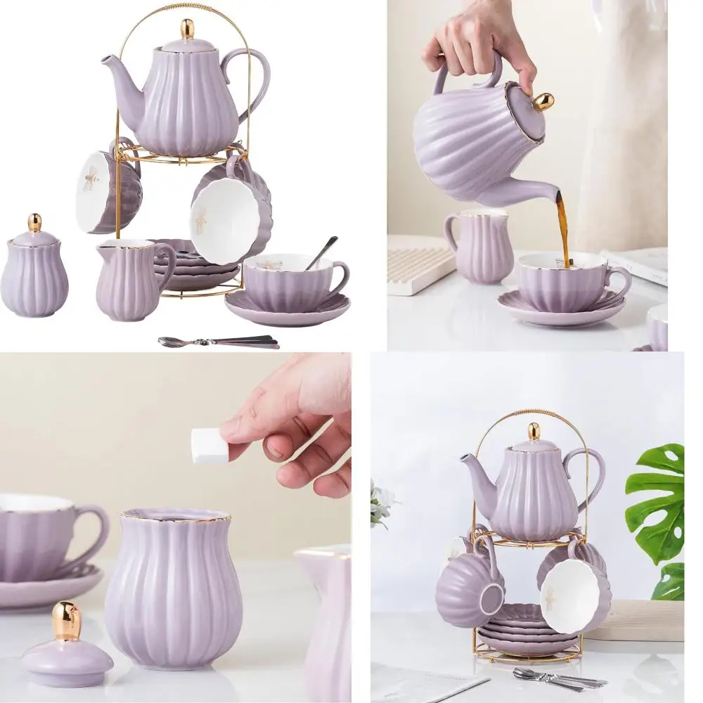 

Purple Fine China 8 Oz Coffee Cup Teacup Set with Teapot, Sugar Bowl, Creamer, Teaspoons and Tea Accessories