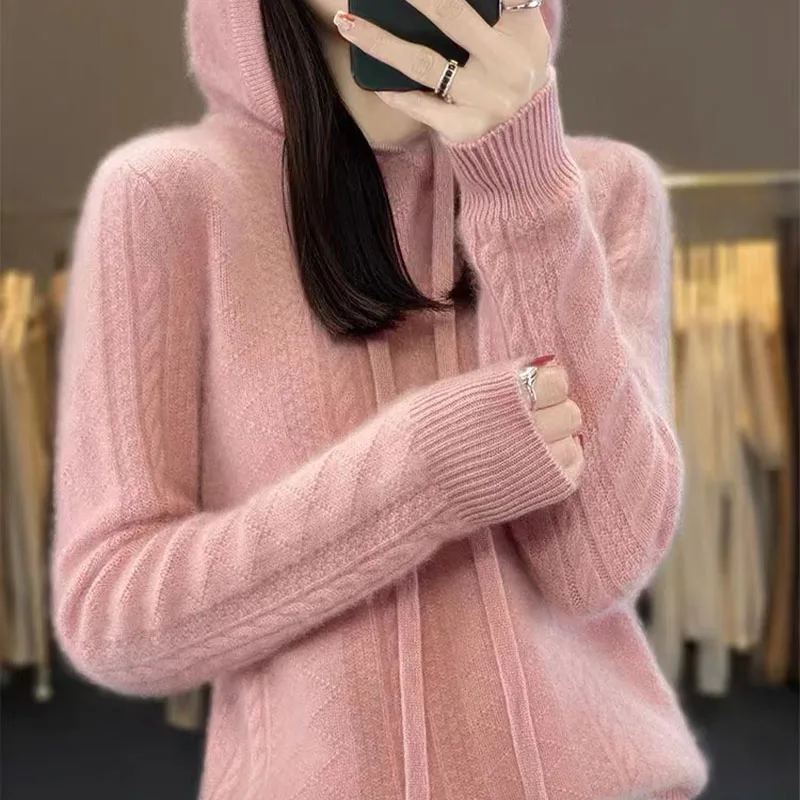 Autumn And Winter Women's New Knitted Hooded Sweater Casual Wool Temperament Long Sleeve Bottoming Shirt