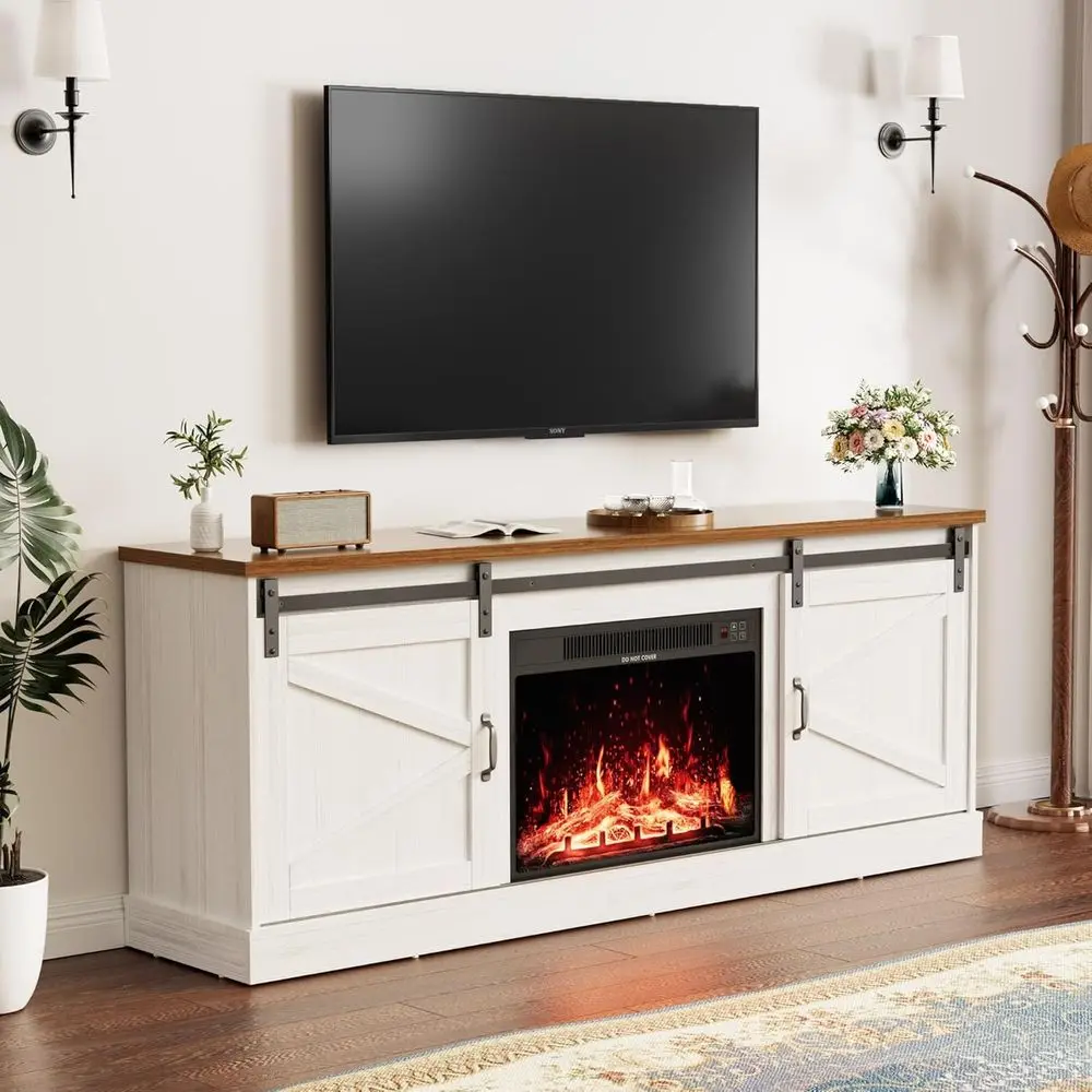 

75 Inch TV Stand, Entertainment Center with 24 Display, Sliding Door Media Table and Storage Cabinet for Living Room, Bright Whi