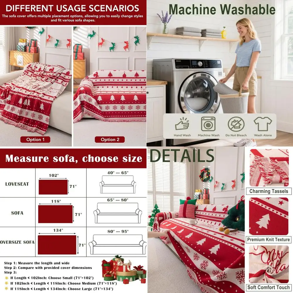 

Christmas Sofa Cover for 3-Cushion Couch, L-Shape Sectional Protector, Washable Reversible Slipcover, Red Couch Cover for Dogs,