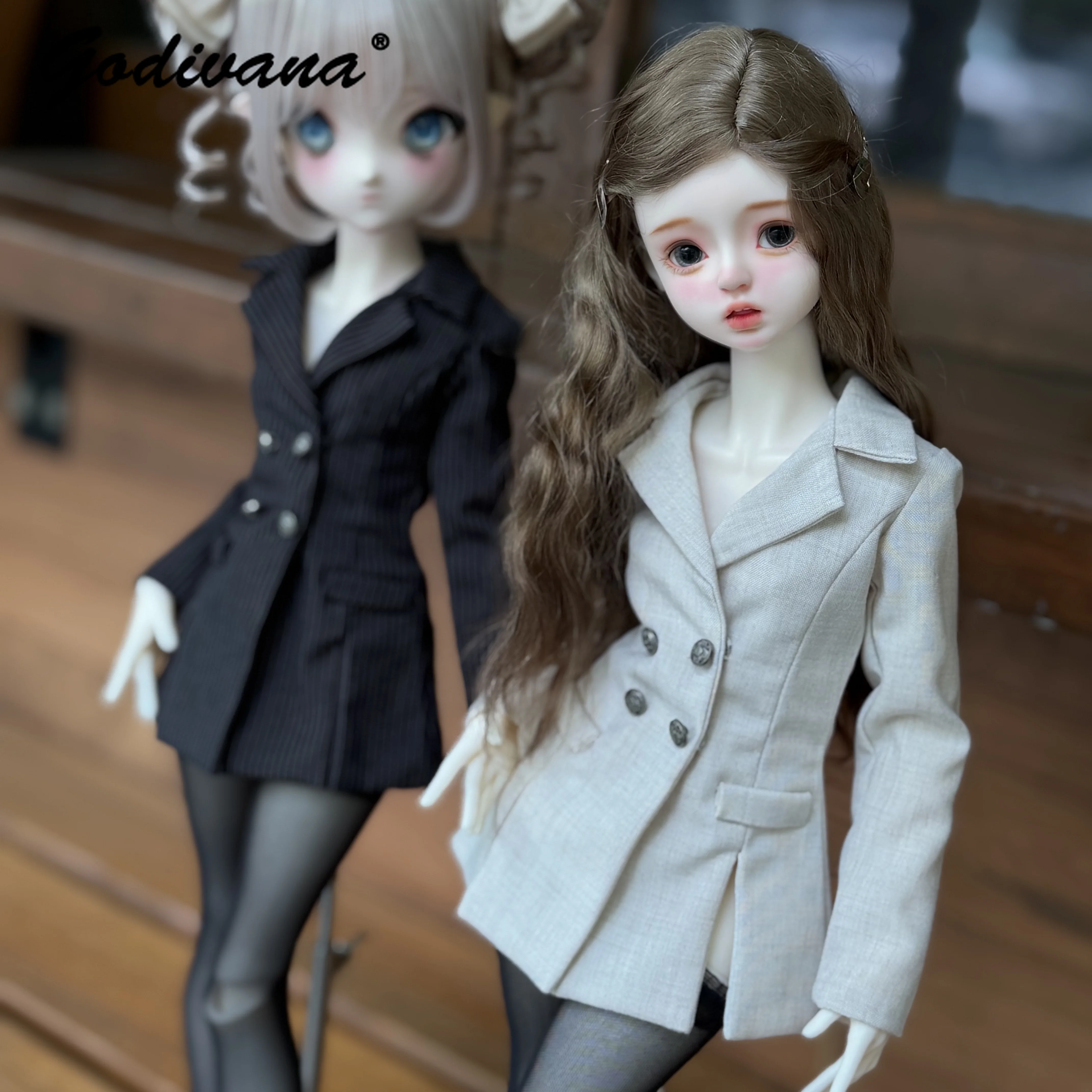 1/4 BJD Doll Clothes Elegant Classic Lapel Design with Double Breasted Waist‑cinched Pinstripe Blazer Mini Dress for 1/4 BJD