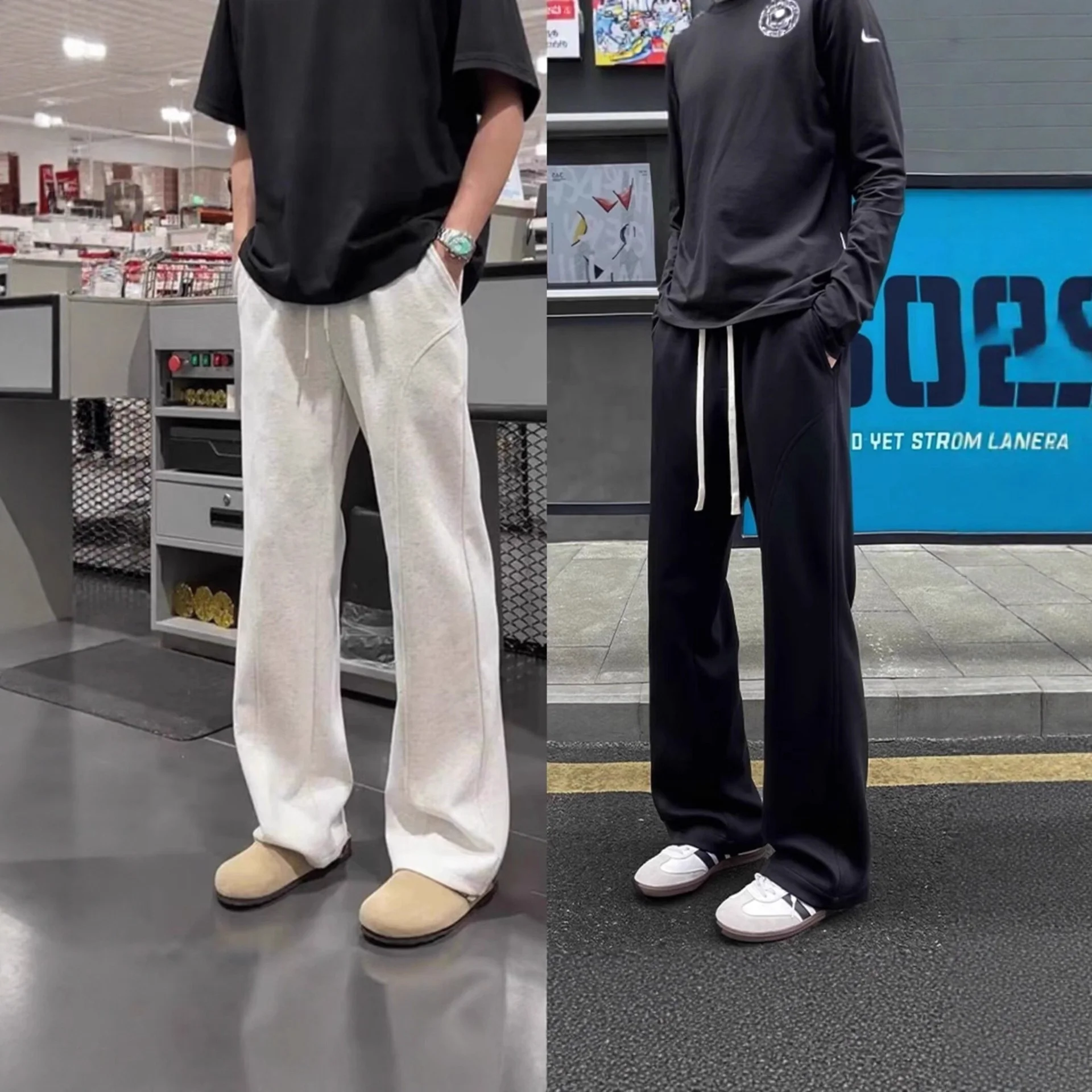 Autumn Winter Men Loose Fleece Lined Flare Pants Elastic Drawstring Waist Casual Sport Wide Leg Sweat Trousers
