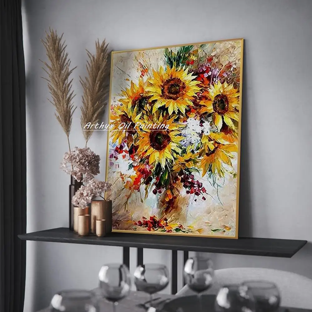 Arthyx Handpainted Abstract Knife Sunflower Oil Painting On Canvas,Modern Home Decoration Large Wall Art,Picture For Living Room