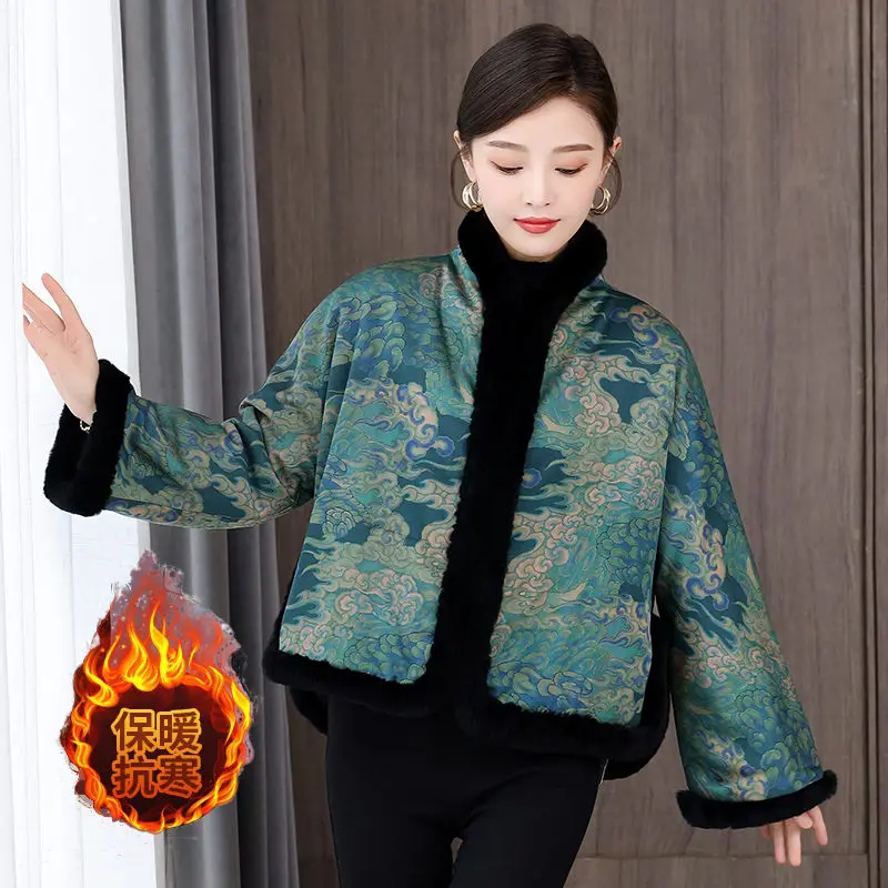 

Cotton Padded Clothes Chinese Style Printed Loose Short Jacket Rabbit Fur Fashion Retro Winter Coat Women Parkas Outerwear T1241
