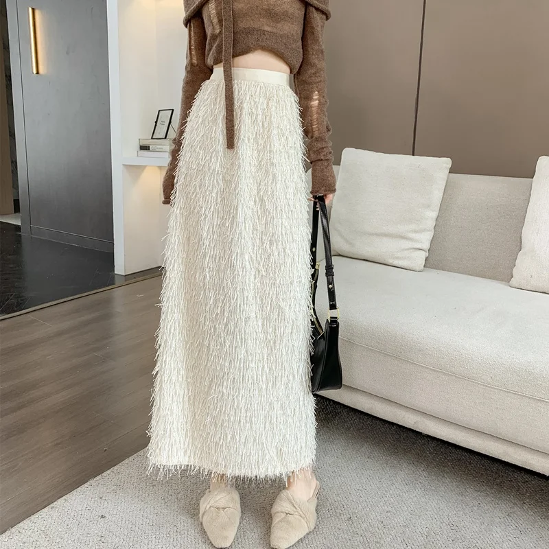 High Waist Long Straight Tube Skirt Women's Base Layer Autumn Winter Design Sense Feather Tassel Half Skirt Bodycon Skirt