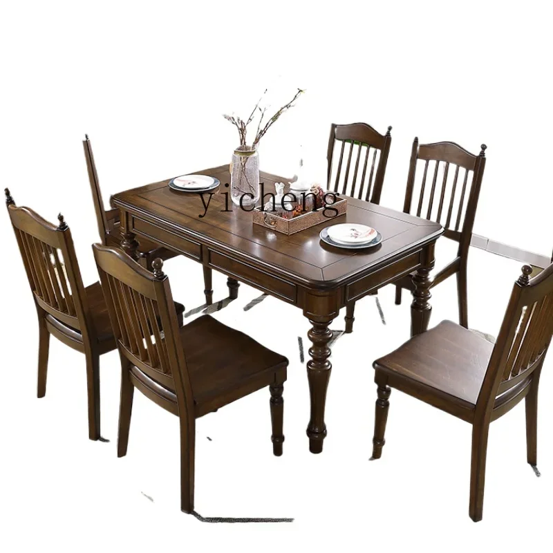 HYS Simple Solid Wood Square Dining Table Roman Column round Feet Black Walnut Color Furniture