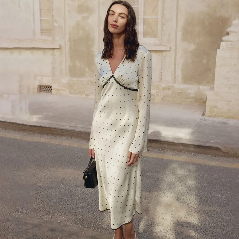 Elegant High-Waisted Polka Dot Satin Dress for Women