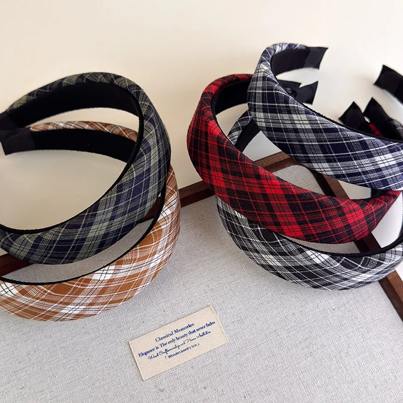 Early Autumn Retro Color-Block Plaid Headband Melad Color Wide-Brim Headband High Skull Sponge Headband Youthful College Style